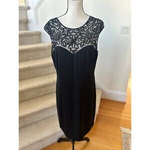 JS Collections Black Illusion Ribbon Sequin Cap Sleeve Sheath Cocktail Dress